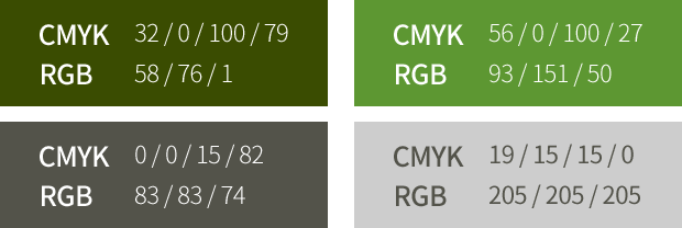 색상규정1- CMYK 32 / 0 / 100 / 79, RGB 58 / 76 / 1, 색상규정2 - CMYK 56 / 0 / 100 / 27, RGB 93 / 151 / 50, 색상규정3 - CMYK 0 / 0 / 15 / 82, RGB 83 / 83 / 74, 색상규정4 - CMYK 19 / 15 / 15 / 0, RGB 205 / 205 / 205